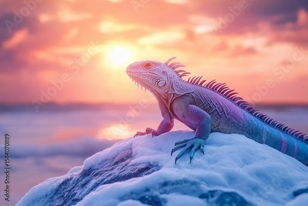 Obraz Iguana resting on snow-covered rock under bright sun