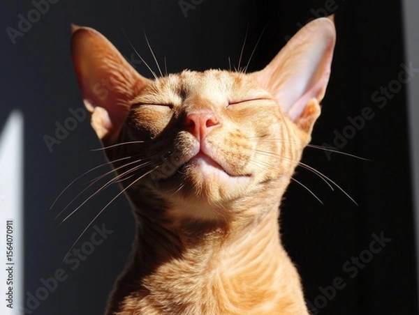 Fototapeta Happy ginger Cornish Rex cat sits contentedly in warm sunlight, basking in cozy rays.