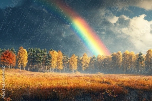 Obraz Rainbow forming over spring meadow during rainstorm