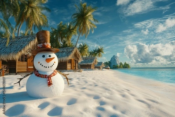 Obraz Sandy beach with snowman beside tropical hut scene