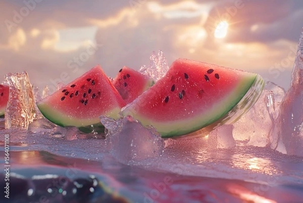 Obraz Fresh watermelon served on a chilled ice surface