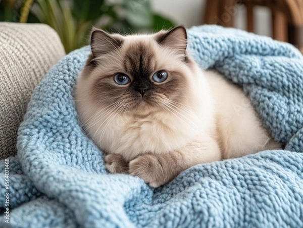 Fototapeta Himalayan cat lying comfortably wrapped in a soft blue knitted blanket, cozy and relaxed.