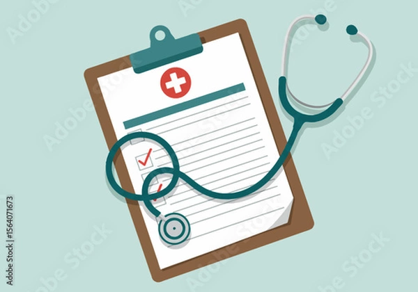Fototapeta Visual representation of medical care and patient assessment including a stethoscope resting on a document with a checkmark and a medical symbol suggesting health and well-being