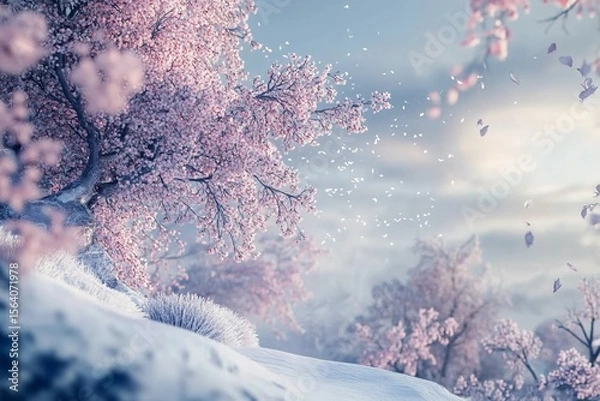 Obraz Frozen cherry blossoms glowing beneath a wintry sky