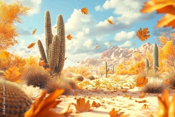 Obraz Golden autumn leaves encircle cacti in dry desert land