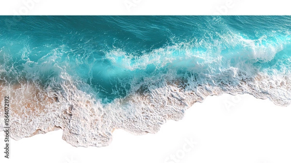 Fototapeta Clear turquoise ocean waves crashing on sandy beach isolated on transparent white background, clipping path