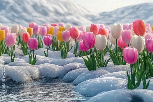 Obraz Bright tulips sprouting amid melting snowy patches