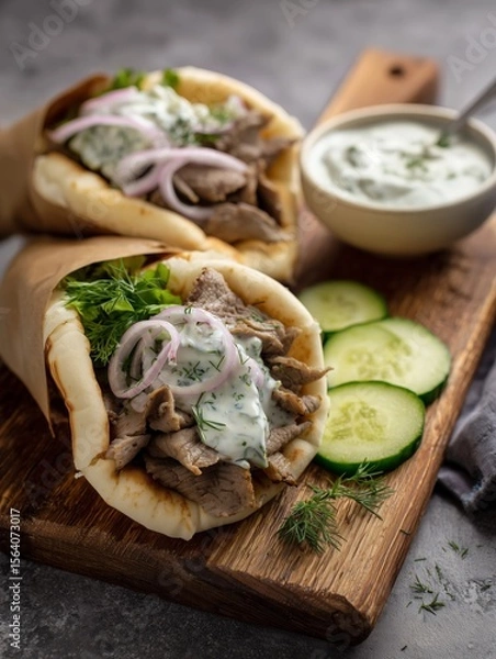 Fototapeta Two meat wraps with white sauce and sliced onions on wooden board.