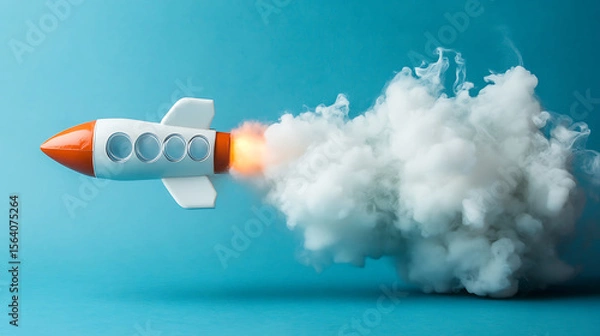 Obraz Toy rocket ship launching with smoke on blue background represents startup innovation and creative business growth