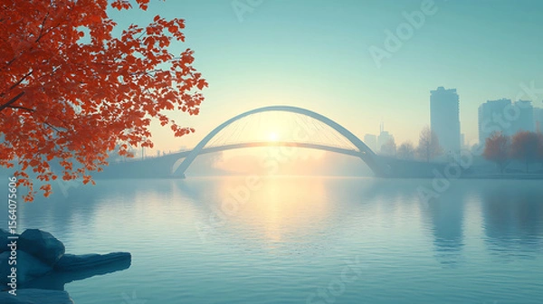 Obraz Tranquil autumn morning overlooking bridge and city skyline with foggy lake reflecting sunlight and vibrant fall foliage along the banks