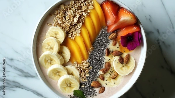 Obraz Top-down view of a fresh smoothie bowl with sliced banana, chia seeds, granola, and colorful tropical fruits, beautifully arranged on a white marble table.