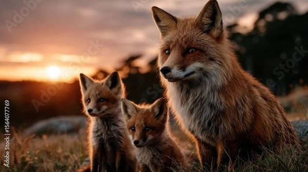 Fototapeta Red fox family in sunset glow, two playful cubs with a vigilant adult, in a serene grassy field. Ideal for nature and family concepts.