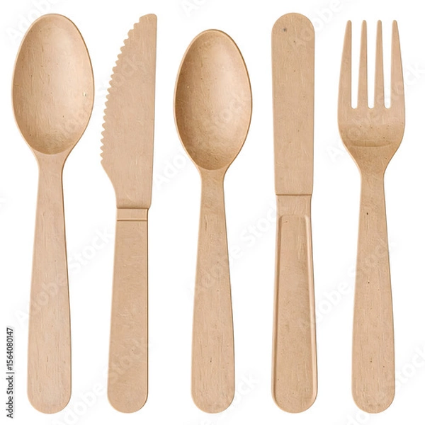 Fototapeta Set of wooden cutlery including spoons knife and fork isolated on transparent background