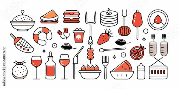 Obraz Set of different picnic icons. Flat line icons isolated on white background. Vector illustration.