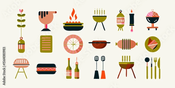 Obraz Set of different street food images. Flat colorful isolated icons. Vector illustration.