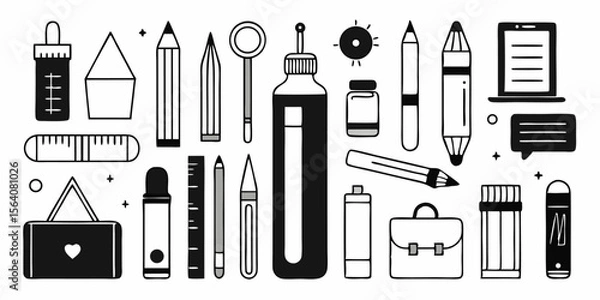 Obraz Set of different sketching tools icons. Flat line icons isolated on white background. Vector illustration.