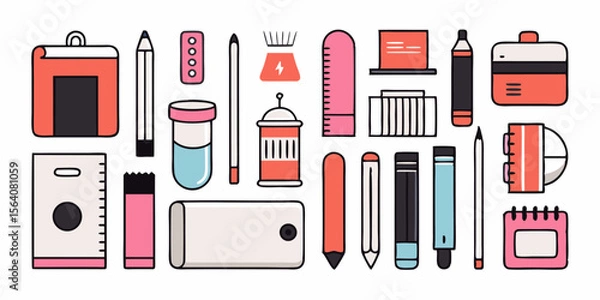 Obraz Set of different sketching tools icons. Flat line icons isolated on white background. Vector illustration.