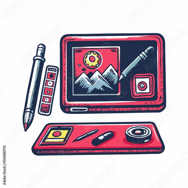 Obraz Hand drawn tablet and stylus image on white background. Vintage style. Vector illustration.