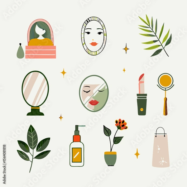 Obraz Set of different morning skincare routine watercolor icons. Flat images on white background. Vector illustration.