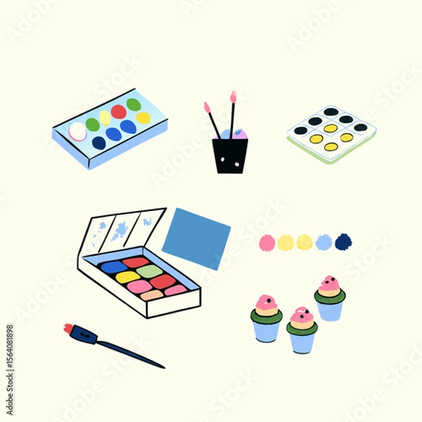 Obraz Set of different brushes and paints watercolor icons. Flat images on white background. Vector illustration.