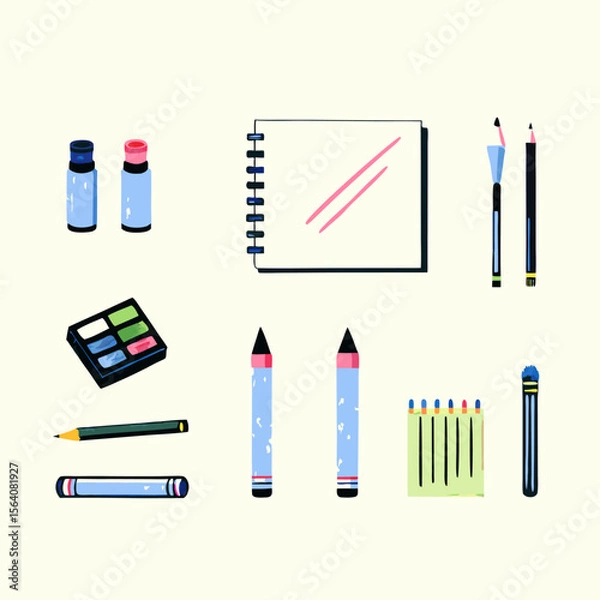 Obraz Set of different sketching tools watercolor icons. Flat images on white background. Vector illustration.