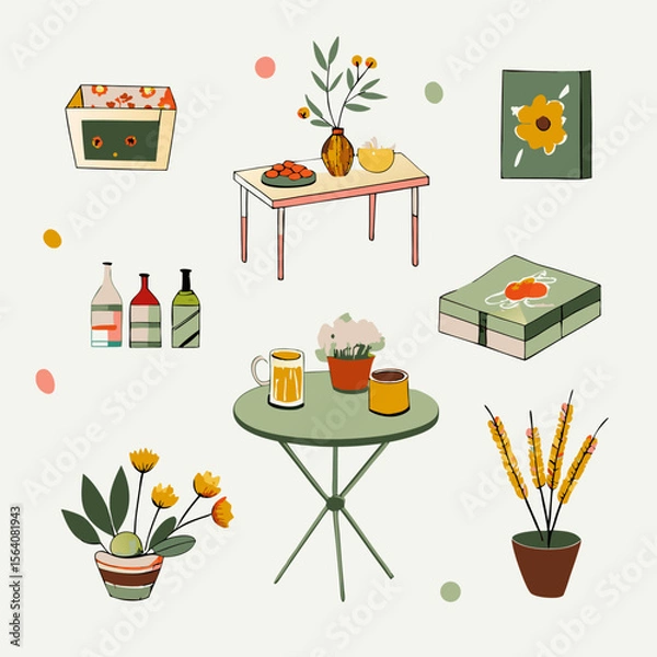 Obraz Set of different picnic watercolor icons. Flat images on white background. Vector illustration.