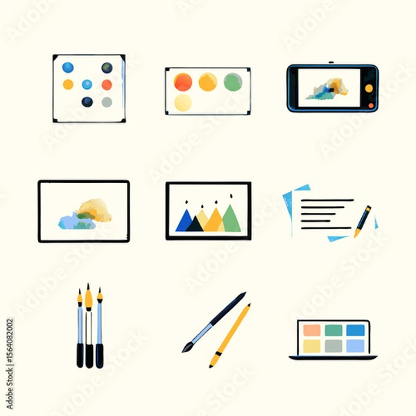 Obraz Set of different tablet and stylus watercolor icons. Flat images on white background. Vector illustration.