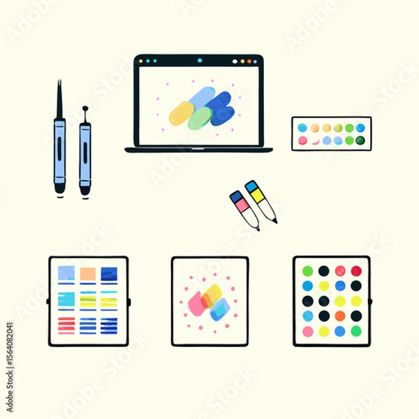 Obraz Set of different tablet and stylus watercolor icons. Flat images on white background. Vector illustration.