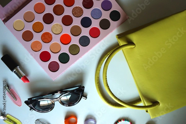 Obraz Green bag, various colorful jewelry, sunglasses, hair accessories and colorful make up on white background. Flat lay.
