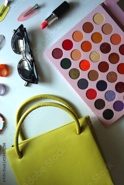 Obraz Green bag, various colorful jewelry, sunglasses, hair accessories and colorful make up on white background. Flat lay.