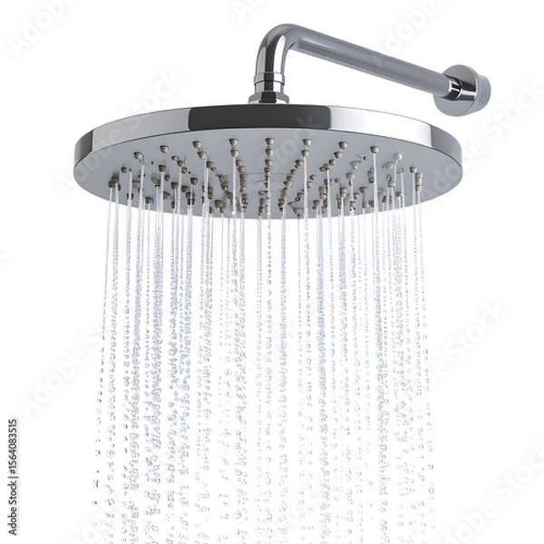 Fototapeta Modern chrome rainfall shower head with water droplets falling isolated on transparent background