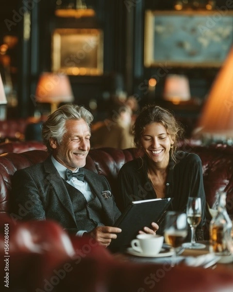 Obraz Elegant couple smiles while looking at something indoors in a restaurant