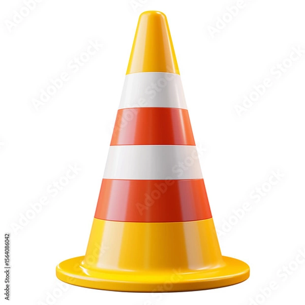 Fototapeta Traffic cone in yellow and orange stripes in 3D on white