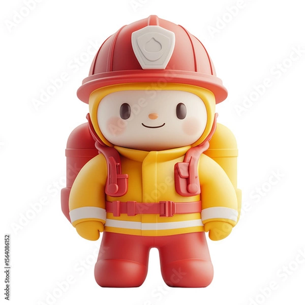 Fototapeta Cute firefighter character in red and yellow uniform smiling