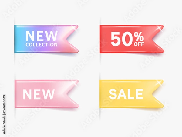 Obraz New tag ribbon and banner Holographic stickers. Hologram labels of different shapes. Colored gradient shiny emblems, label. Vector illustration premium.
