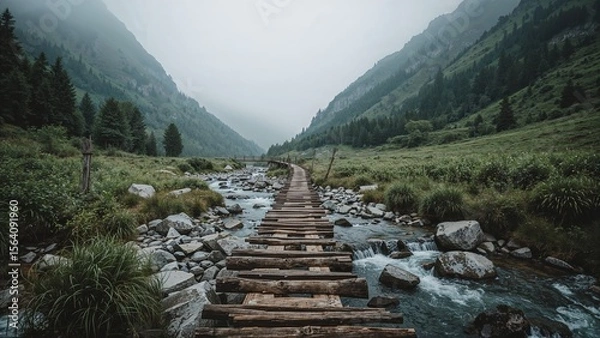 Fototapeta Rustic wooden bridge crosses a scenic mountain stream in a misty valley, perfect for hiking and exploring nature trails in the great outdoors.