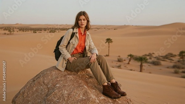 Fototapeta Woman dressed in outdoor apparel sits atop a desert rock, set against a backdrop of rolling sand dunes and distant palm trees in a warm, earthy setting.