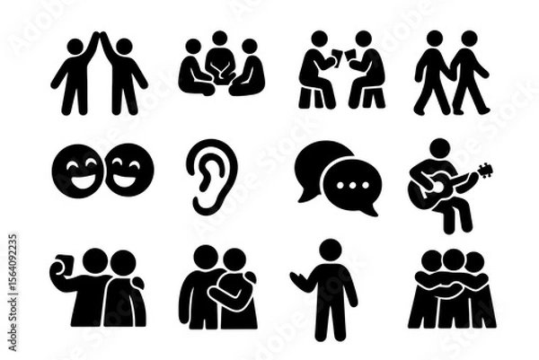 Fototapeta 12 black friendship icons on white. Vector for authentic connection and relaxed moments.