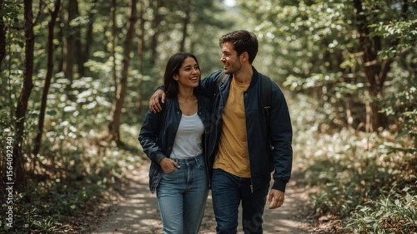 Fototapeta Young couple enjoying a leisurely walk through a lush green forest, embracing nature and each other on a sunlit path.