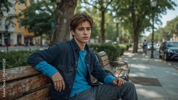 Fototapeta Thoughtful young man relaxing on a park bench amidst lush greenery in an urban setting, contemplating his future on a sunny afternoon.