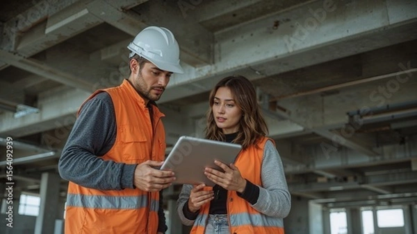 Fototapeta Two construction workers review plans on a tablet at a construction site, collaborating to ensure successful project completion.