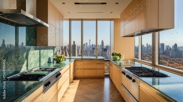 Obraz Corner kitchen with green marble backsplash, light wood cabinets, and city views through sheer-curtained windows.