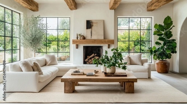 Obraz Cozy room with light beams, light rug, low seating, wood coffee table, and fireplace. Large windows and plants.