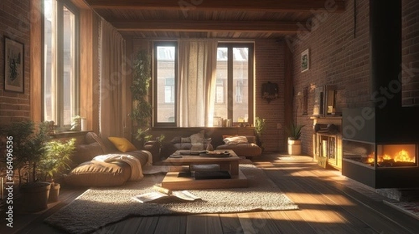 Obraz Cozy room with light beams, light rug, low seating, wood coffee table, and fireplace. Large windows and plants.