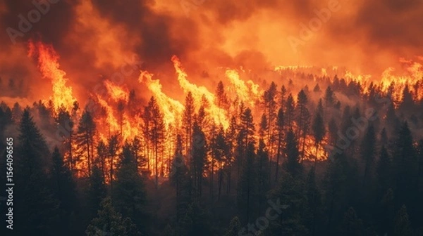 Obraz Dramatic aerial view of forest fire, towering flames and smoke rising above dense trees under orange sky