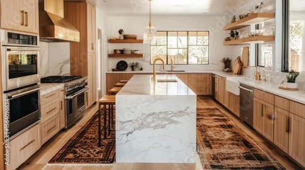 Obraz Elegant kitchen with white and wood cabinets, marble island, gold faucet, and stainless appliances. with shelves and rugs.