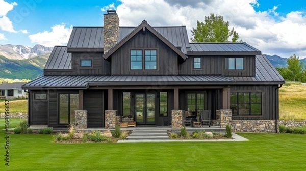 Obraz Farmhouse with dark wood siding, stone details, porch beams, and metal roof. Surrounded by a green lawn and mountain views.