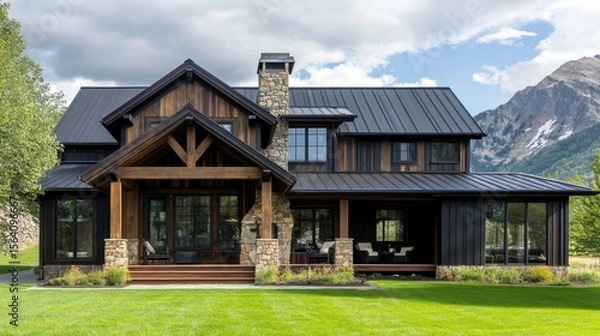 Obraz Farmhouse with dark wood siding, stone details, porch beams, and metal roof. Surrounded by a green lawn and mountain views.