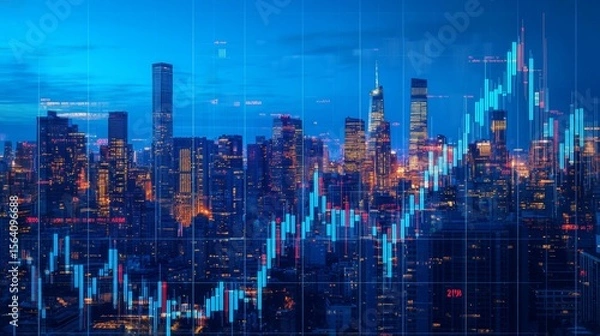 Obraz Financial data visualization with stock market bars and lines layered on top of vibrant city skyline at blue hour