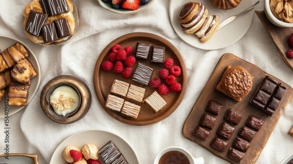 Obraz Flat lay of dessert table, assorted pastries, chocolate, berries, and tea set on linen cloth